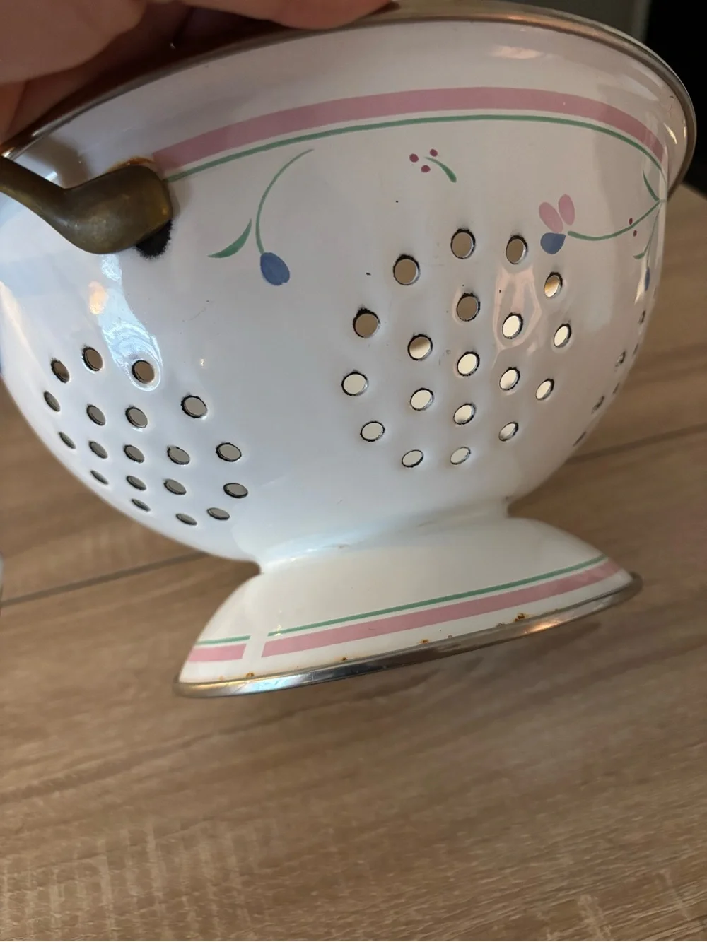 Vintage Decorative Colander with Pink & Green Floral Trim and Brass Handles